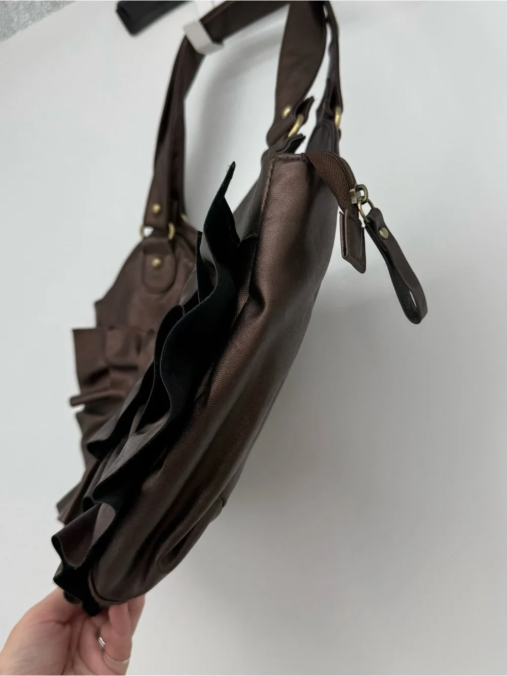 Naturalizer Brown Ruffle Shoulder Bag Large Pleated Y2K Boho Purse Metallic